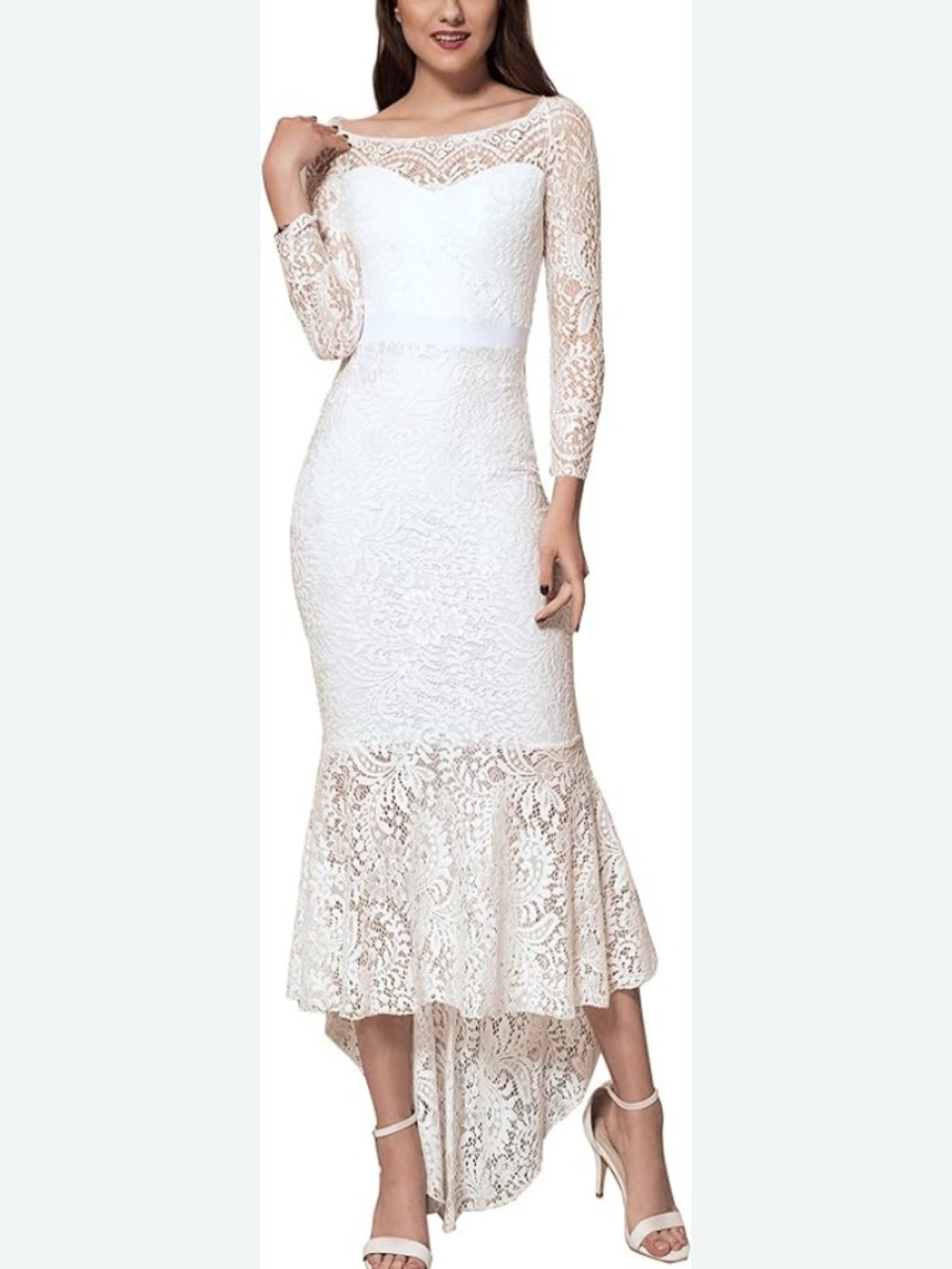 Elegant White Lace High-Low Sheath Dress skinny